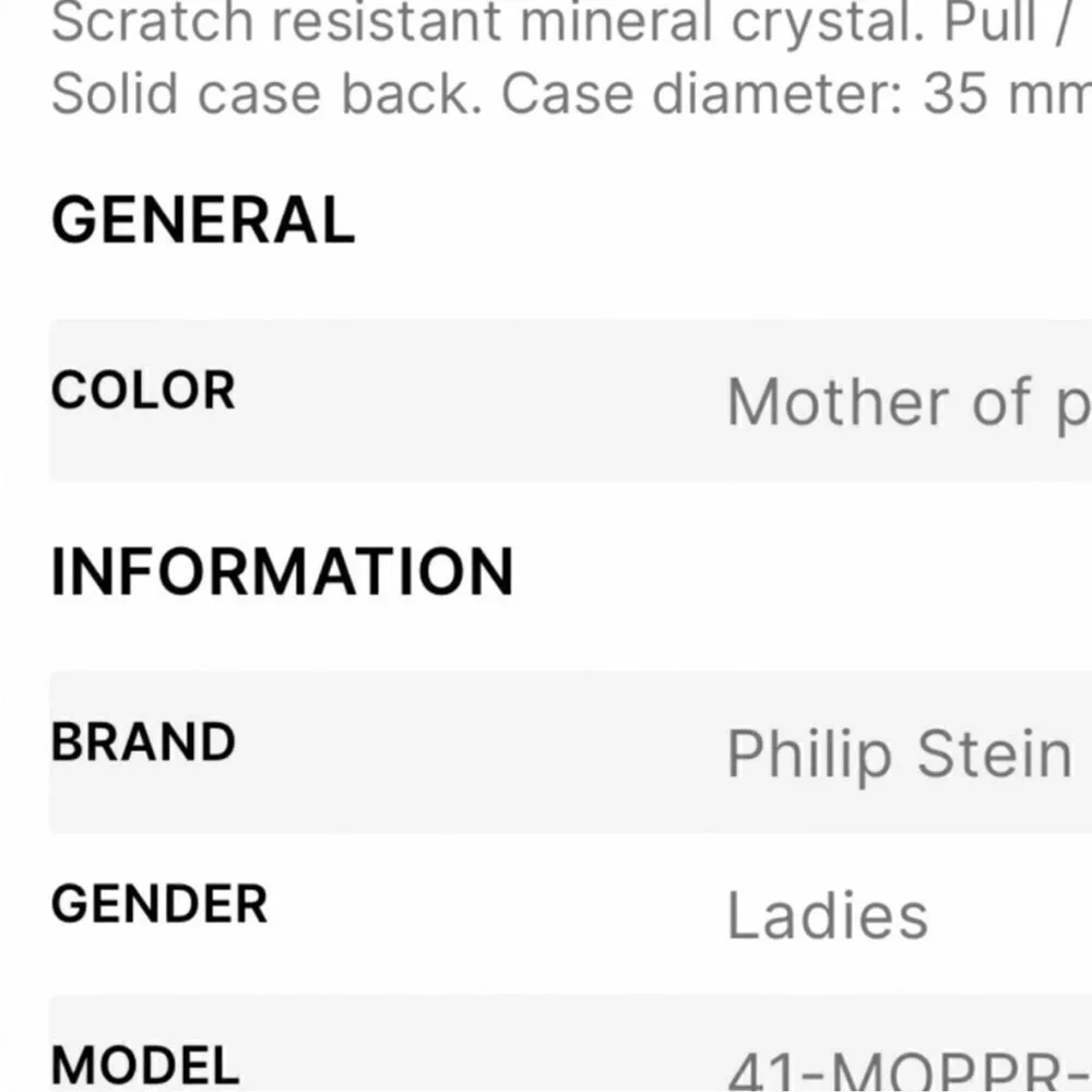 Women’s Philip Stein, mother of pearl face stainless steel watch 35 MM